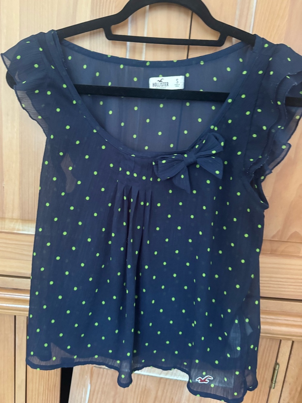 Vintage Hollister Navy Sheer Polka Dot Bow Top - Green Dots
